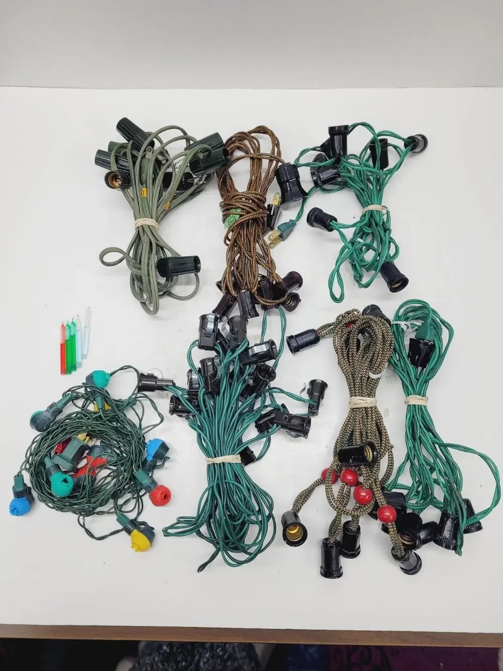 7 Vintage Christmas Light Strings C7 Green Wire Corn Mixed Lot No Bulbs Tested